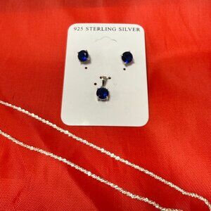 925 Sterling Silver Twisted Rock Necklace + Blue Sapphire Earrings & Pendant